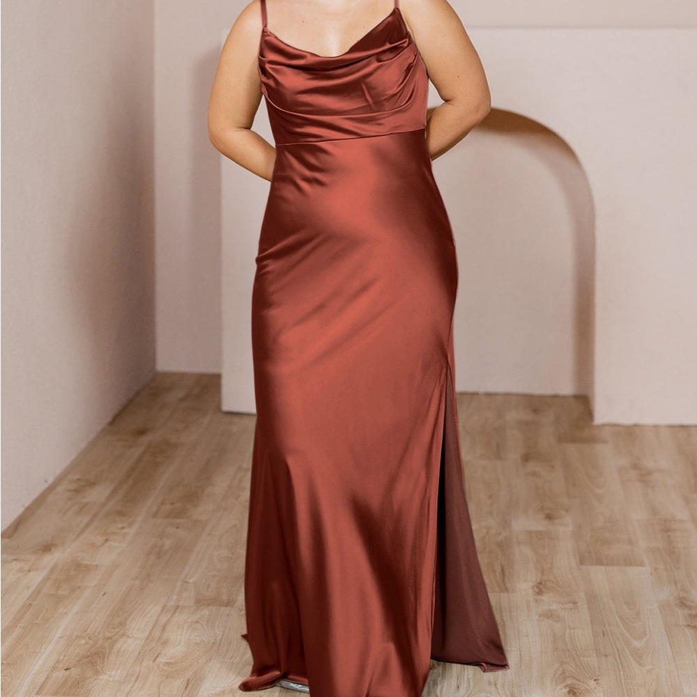 Revelry Satin Cowl Neck Slip Dress in Rust